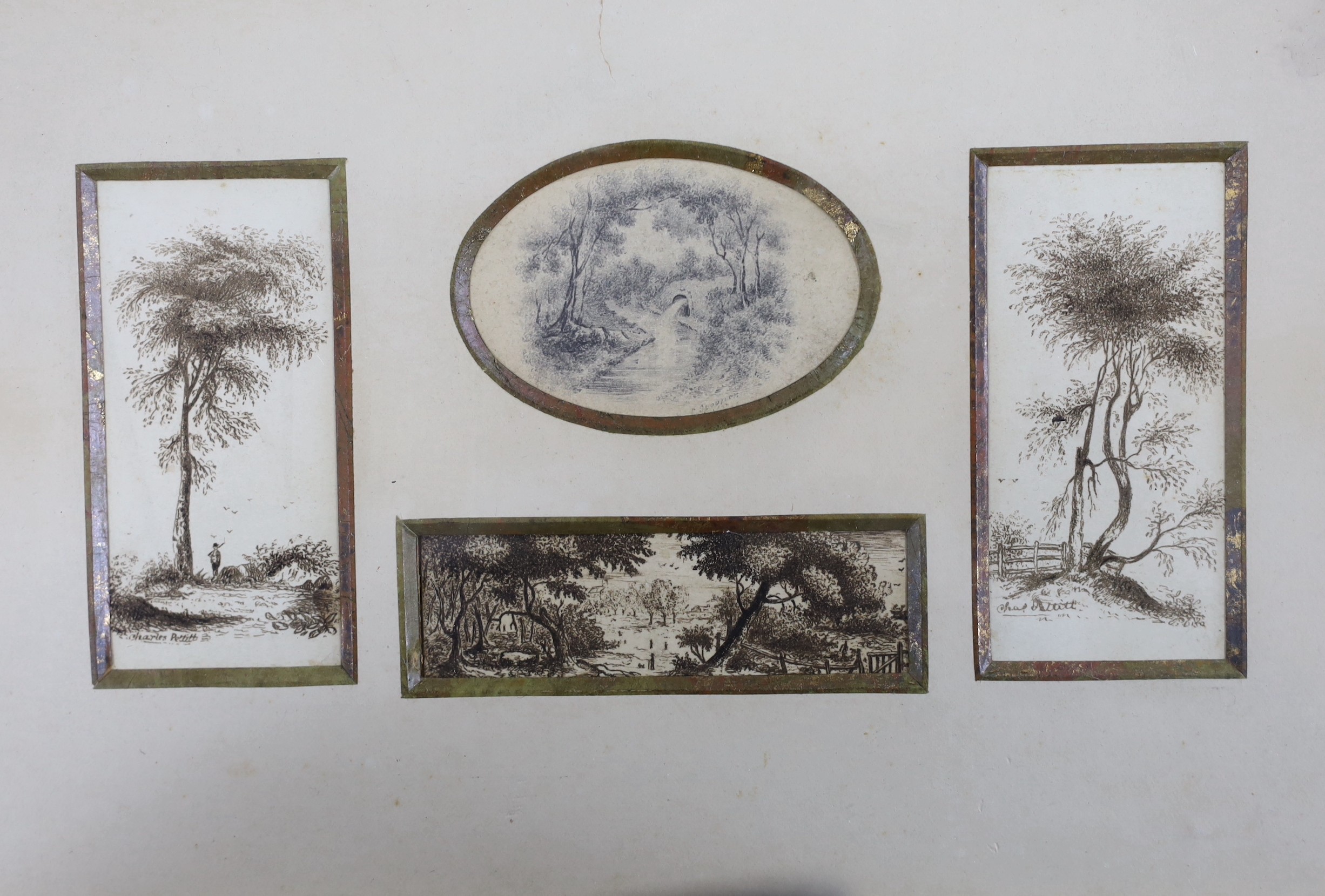 Catherine Spooner c.1850, pen and ink, Landscape vignettes, signed, largest 7 x 3.5cm, framed as one